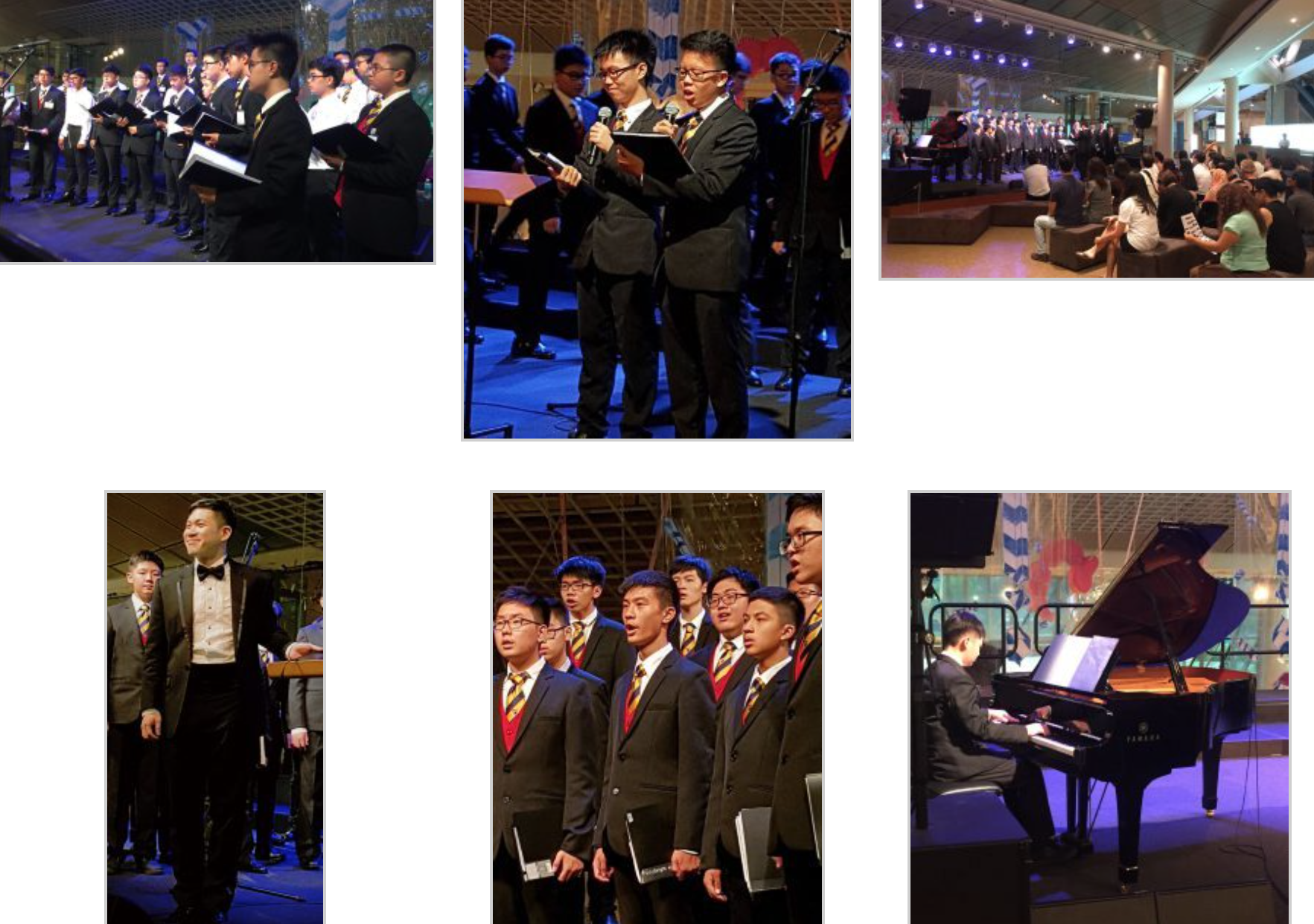 Six photos of a school choir concert showing boys in suits singing, a pianist, two emcees with a microphone, and an audience.